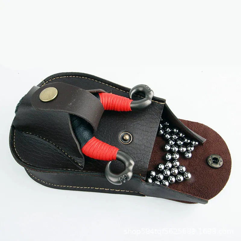 Leather slingshot belt bag in black or brown for holding steel balls and marbles outdoors