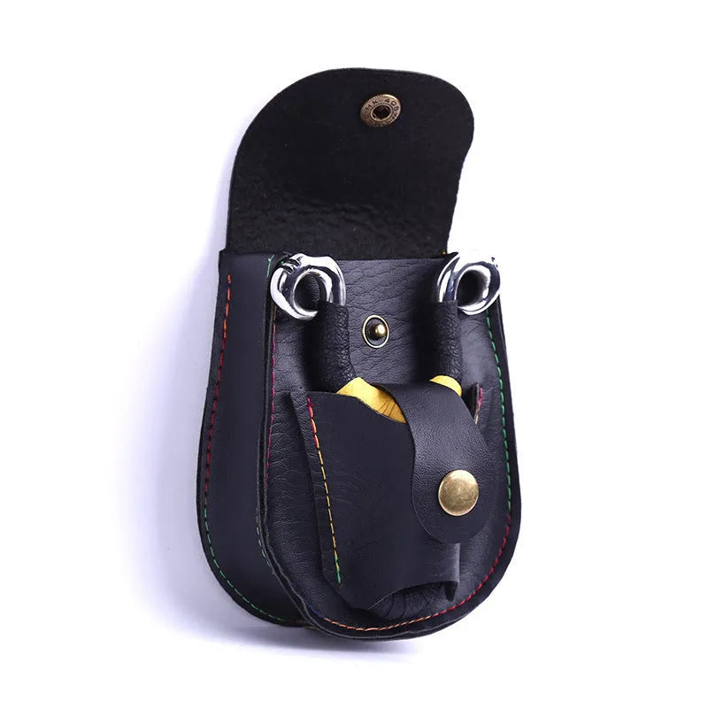 Leather slingshot belt bag in black or brown for holding steel balls and marbles outdoors