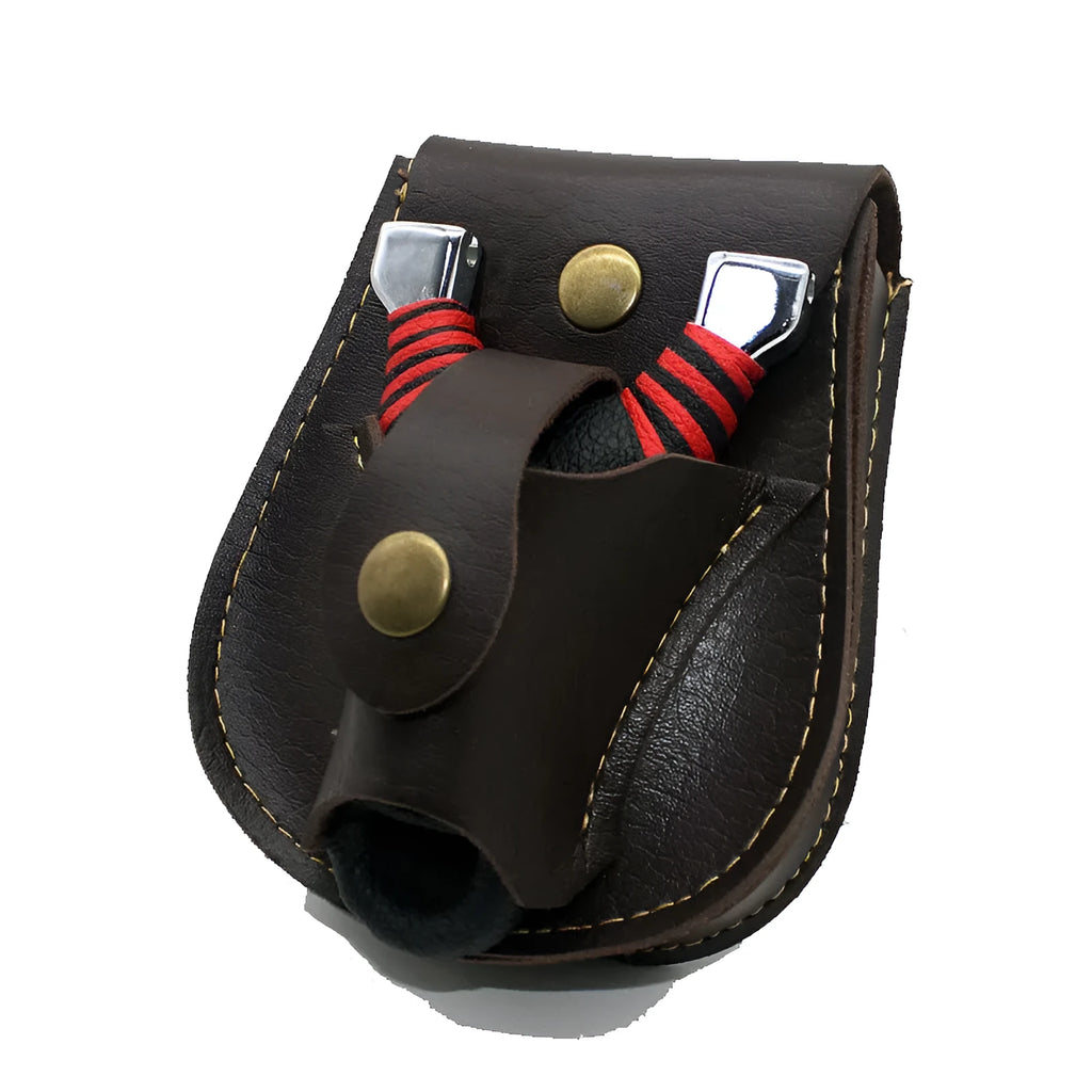 Leather slingshot belt bag in black or brown for holding steel balls and marbles outdoors
