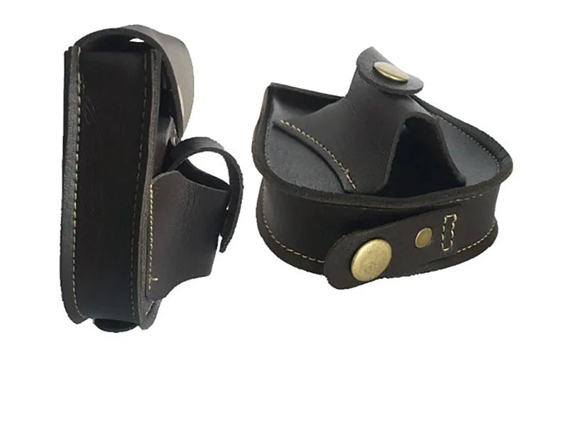 Leather slingshot belt bag in black or brown for holding steel balls and marbles outdoors