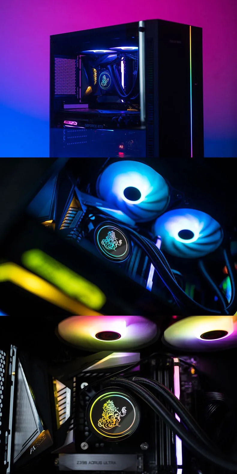 Kirin 240mm CPU water cooling radiator with colourful ARGB lighting on copper-aluminium radiator core