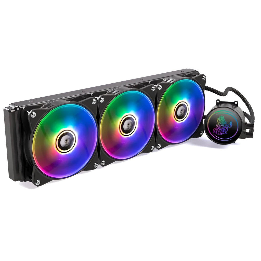 Kirin 240mm CPU water cooling radiator with colourful ARGB lighting on copper-aluminium radiator core