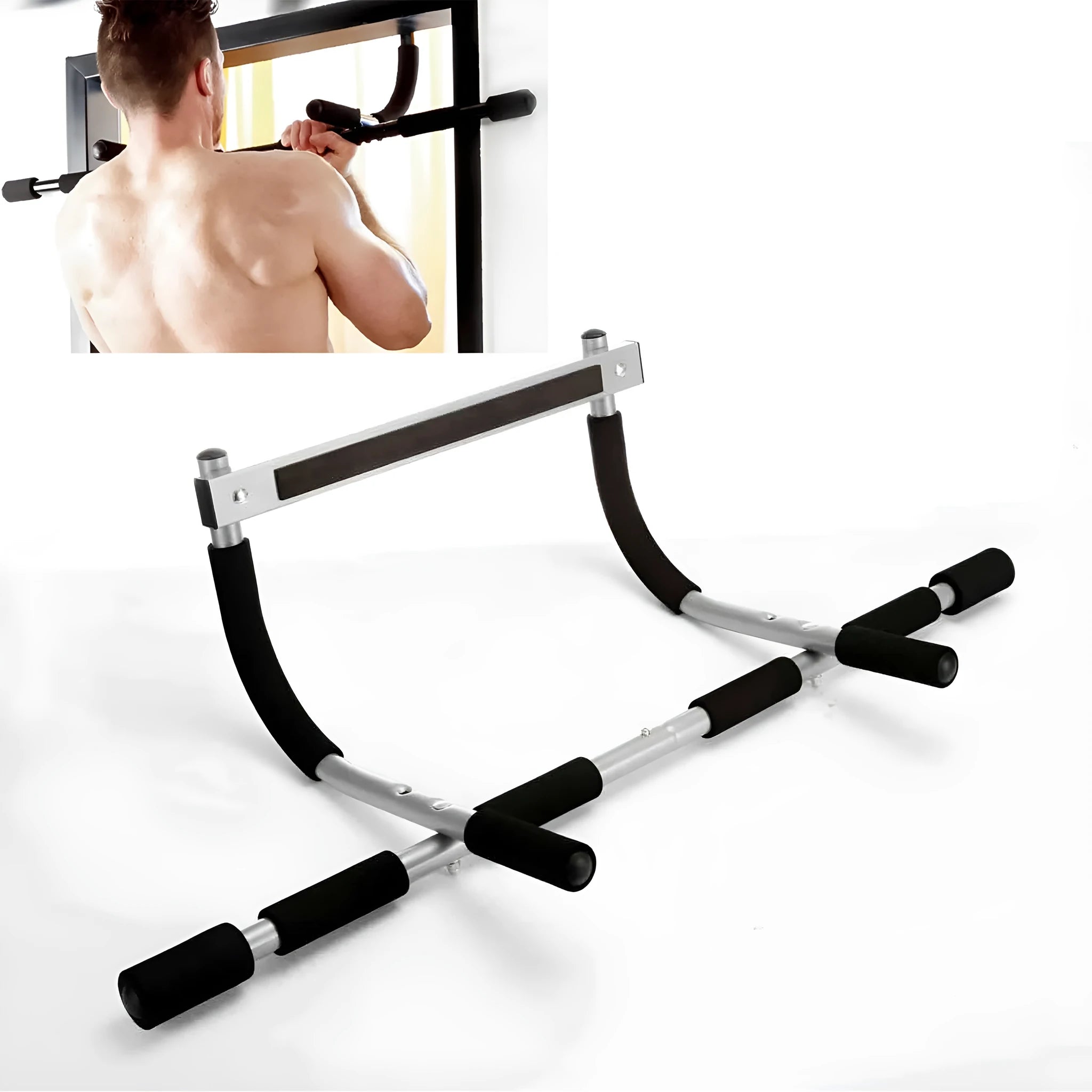 Black steel pipe pull-up bar measuring 92.5cm width for indoor home gym fitness training
