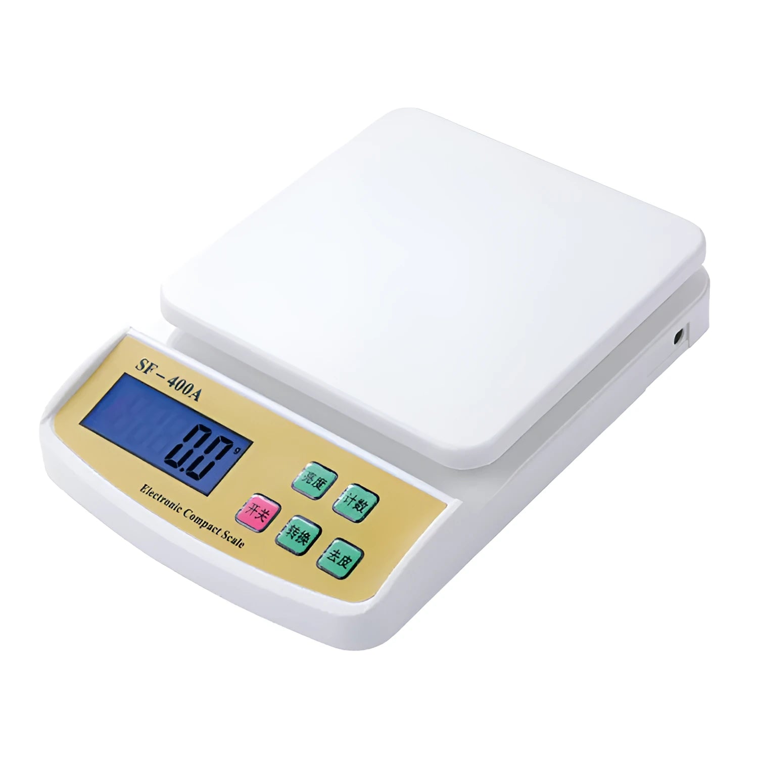 Electronic kitchen scale with digital display showing weight measurement for food items