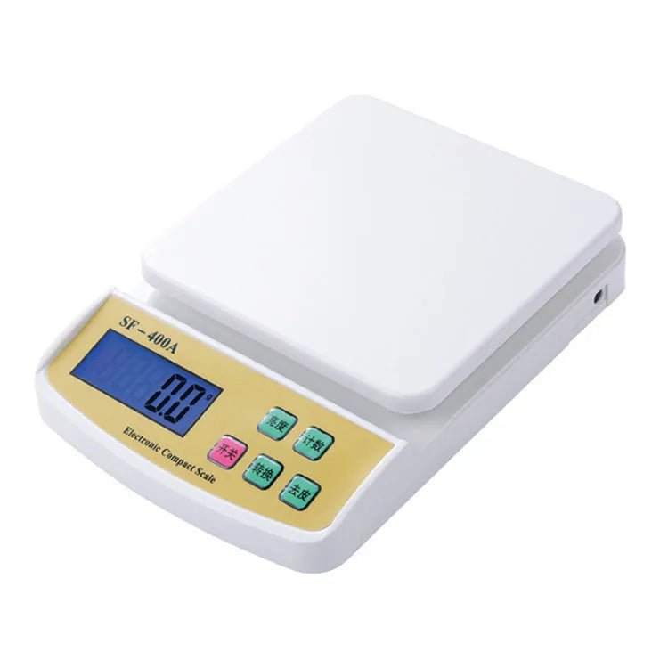Electronic kitchen scale with digital display showing weight measurement for food items