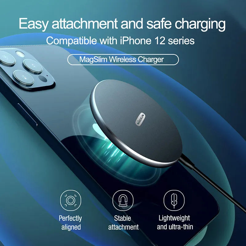 Black MagSlim magnetic wireless charger for mobile phones on a flat surface