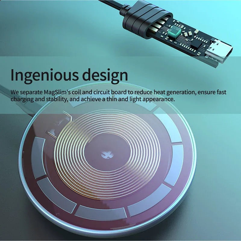 Black MagSlim magnetic wireless charger for mobile phones on a flat surface