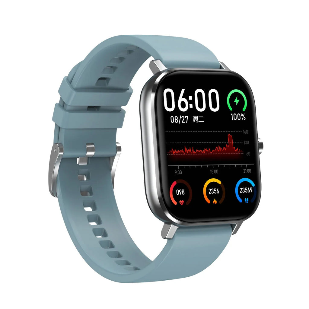 Silver smart bracelet with a 1.54-inch screen on a silicone wrist strap, displaying heart rate and ECG data.
