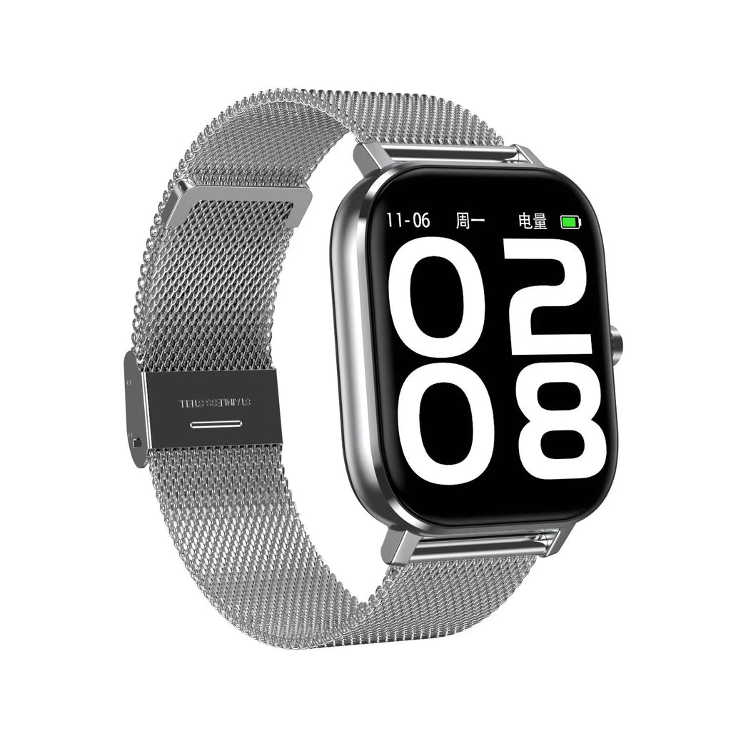 Silver smart bracelet with a 1.54-inch screen on a silicone wrist strap, displaying heart rate and ECG data.