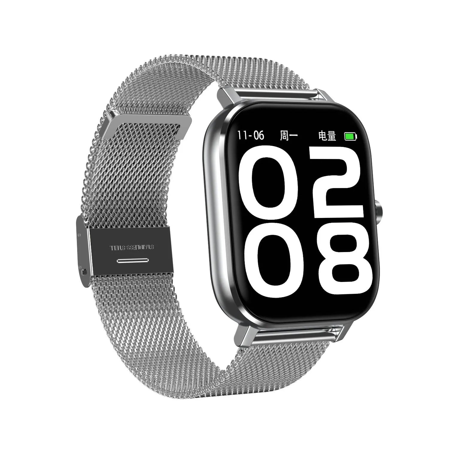 Silver smart bracelet with a 1.54-inch screen on a silicone wrist strap, displaying heart rate and ECG data.