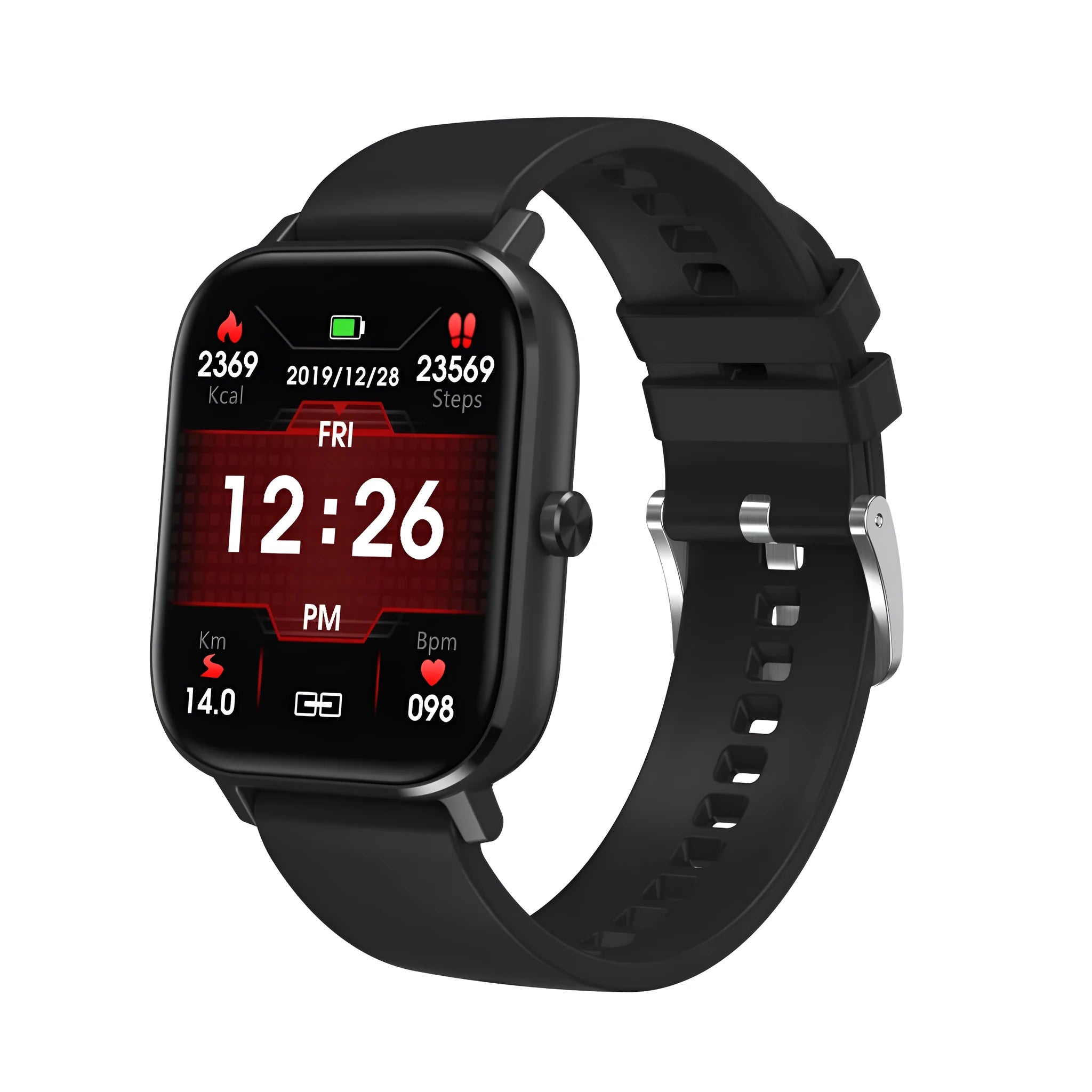 Silver smart bracelet with a 1.54-inch screen on a silicone wrist strap, displaying heart rate and ECG data.
