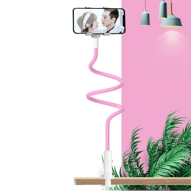 Blue mobile phone holder with flexible memory alloy hose positioned at bedside with smartphone