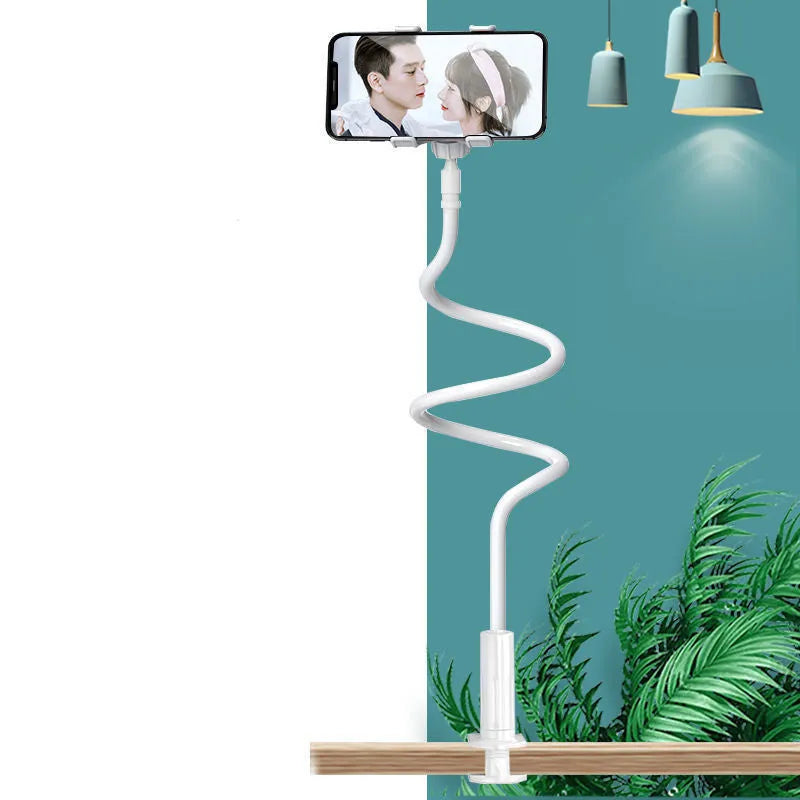Blue mobile phone holder with flexible memory alloy hose positioned at bedside with smartphone