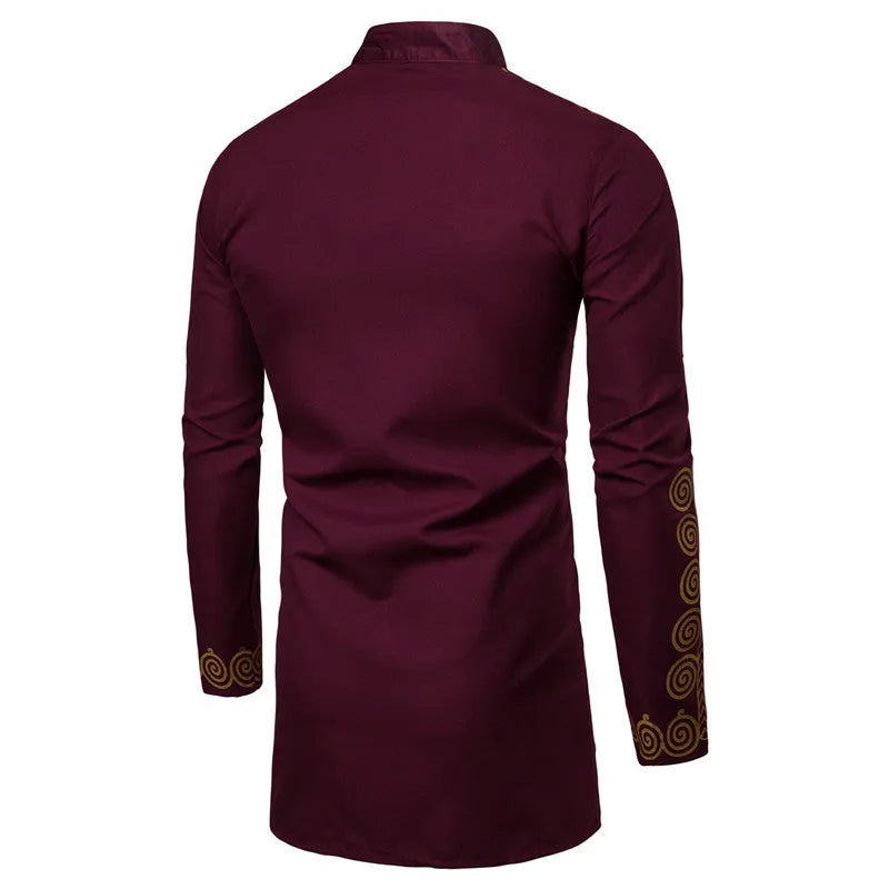 Men's Muslim robe short sleeve stand-up collar plain bronzing casual fit in Black, Red Wine, White
