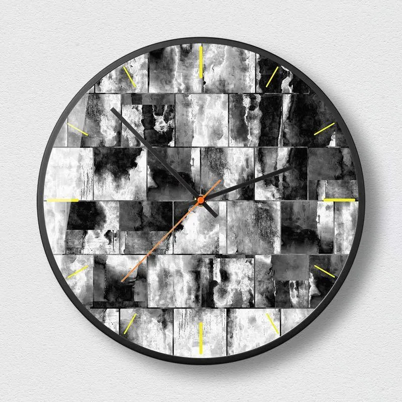 Round abstract art wall clock with metal frame in 12 or 14 inch size options