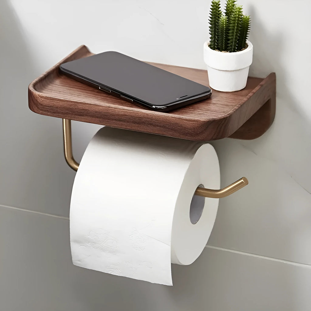 Solid walnut wood wall-mounted paper towel rack with brass fittings.