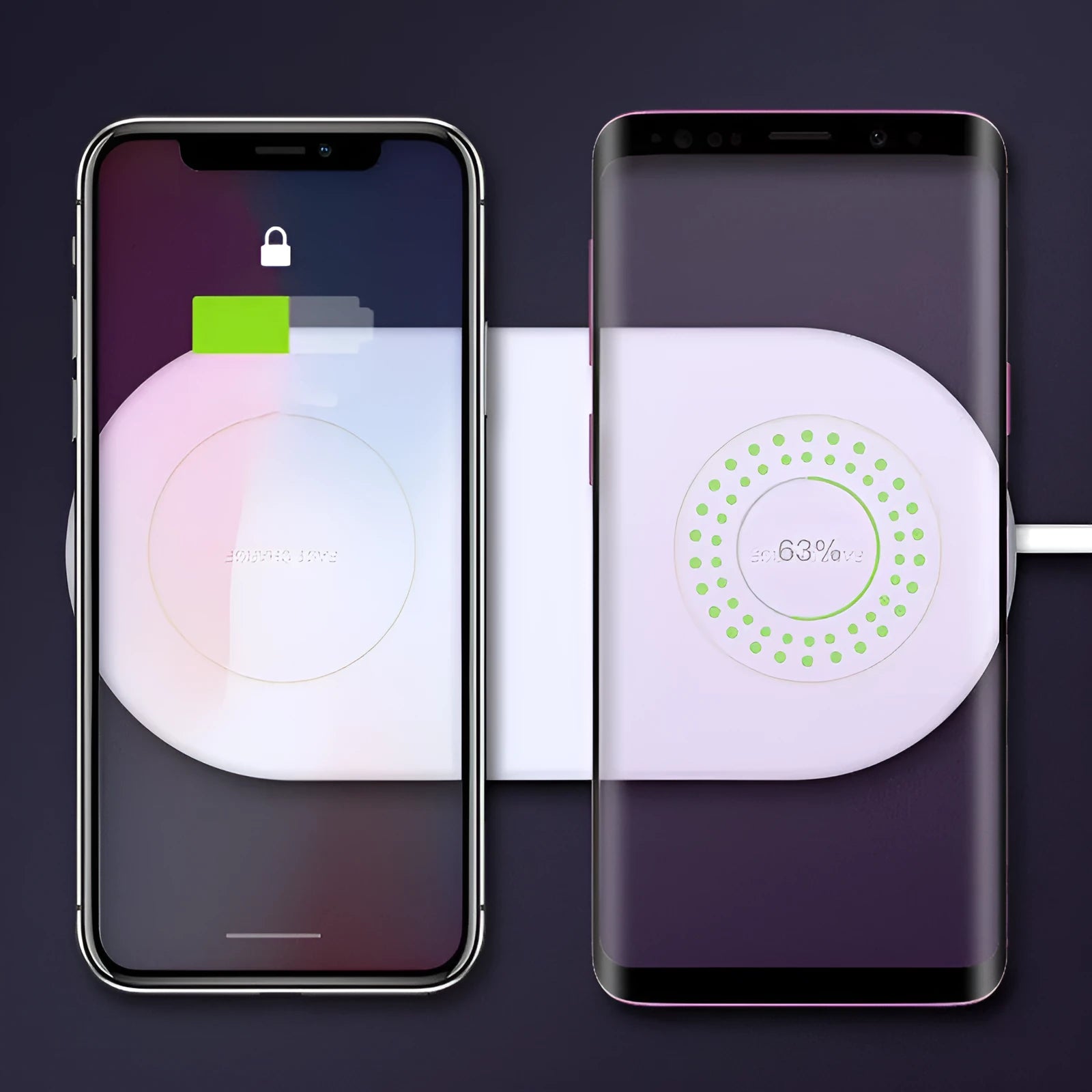 White dual wireless charging pad for two mobile phones with minimalist design