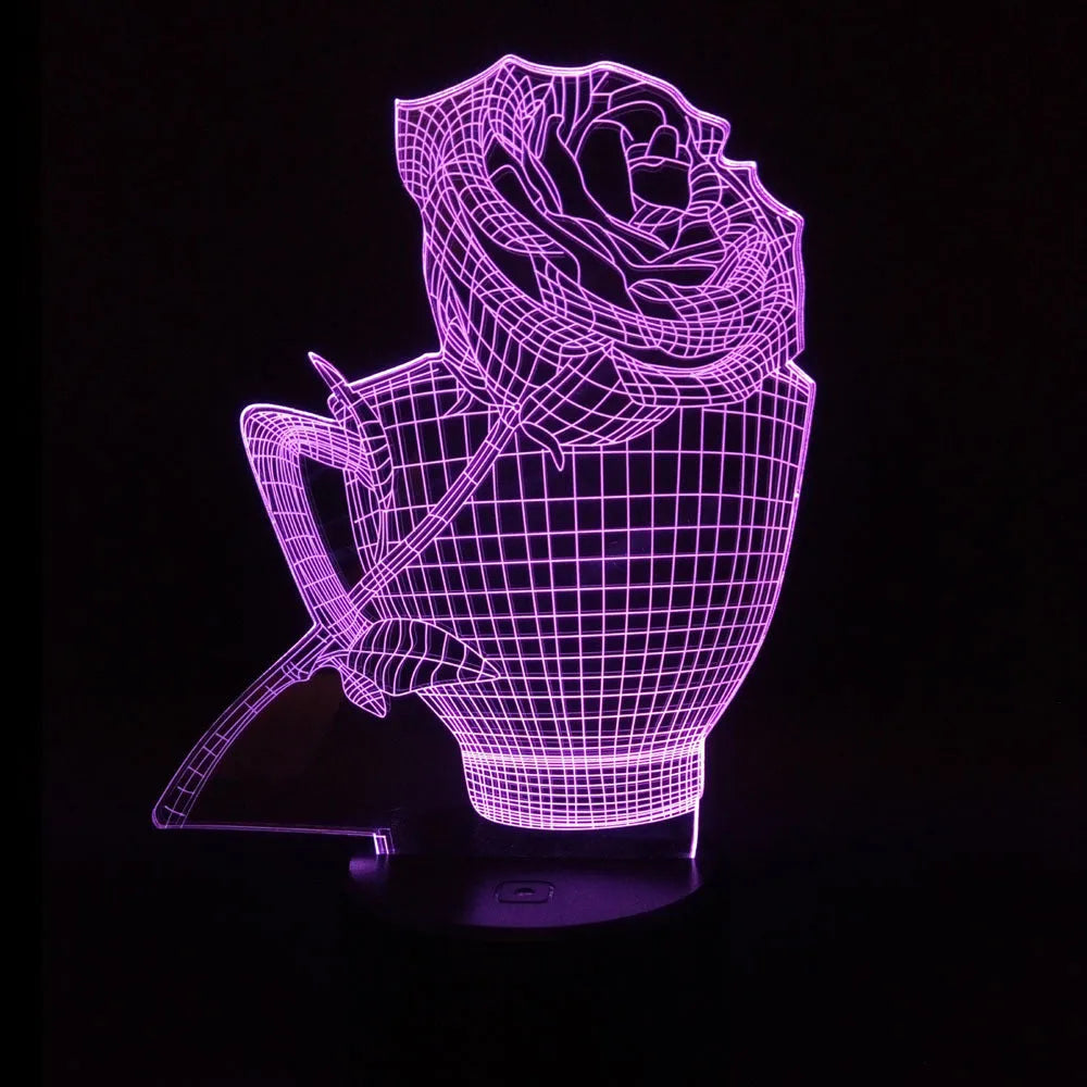 3D rose design night light on a black base showing multicolour gradient illumination.