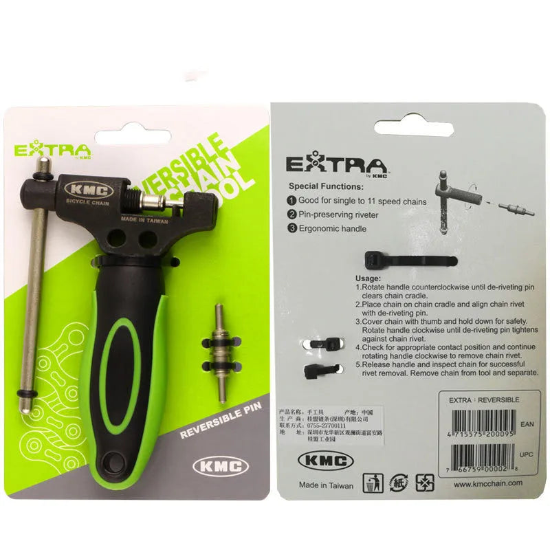 Green coloured steel bicycle chain tool with double shaft chaining device for 0-speed bikes