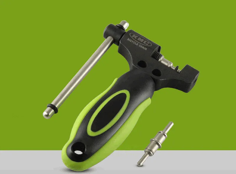 Green coloured steel bicycle chain tool with double shaft chaining device for 0-speed bikes