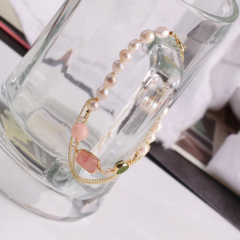 Women's geometric freshwater pearl bracelet with strawberry crystal design in pink UG309 colour