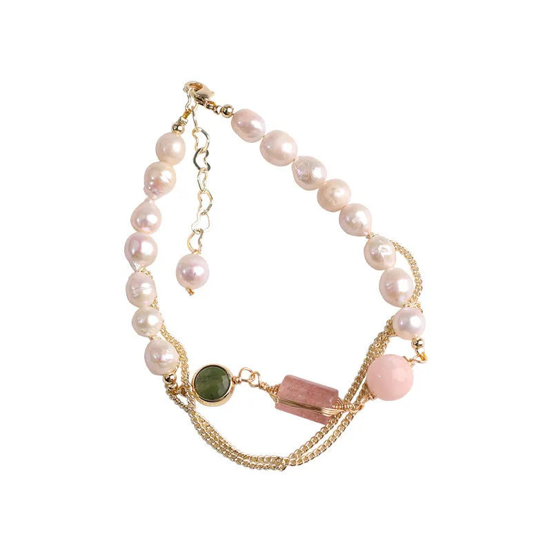 Women's geometric freshwater pearl bracelet with strawberry crystal design in pink UG309 colour