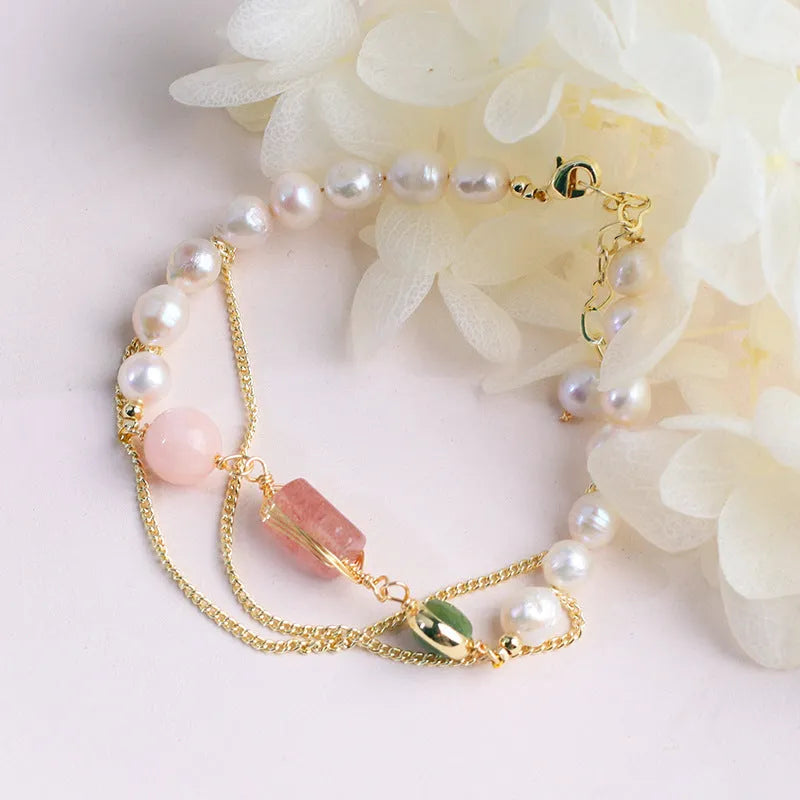 Women's geometric freshwater pearl bracelet with strawberry crystal design in pink UG309 colour