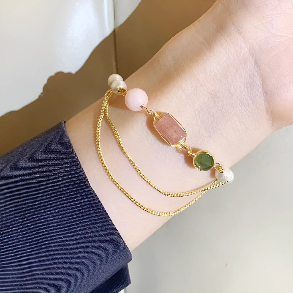 Women's geometric freshwater pearl bracelet with strawberry crystal design in pink UG309 colour
