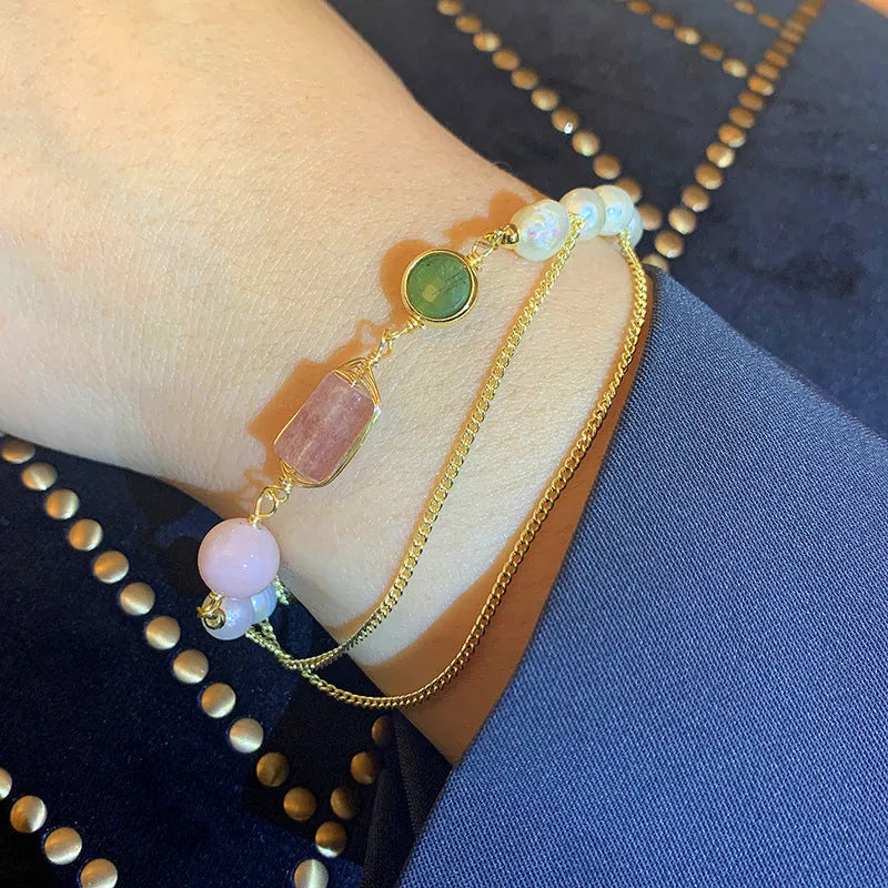 Women's geometric freshwater pearl bracelet with strawberry crystal design in pink UG309 colour