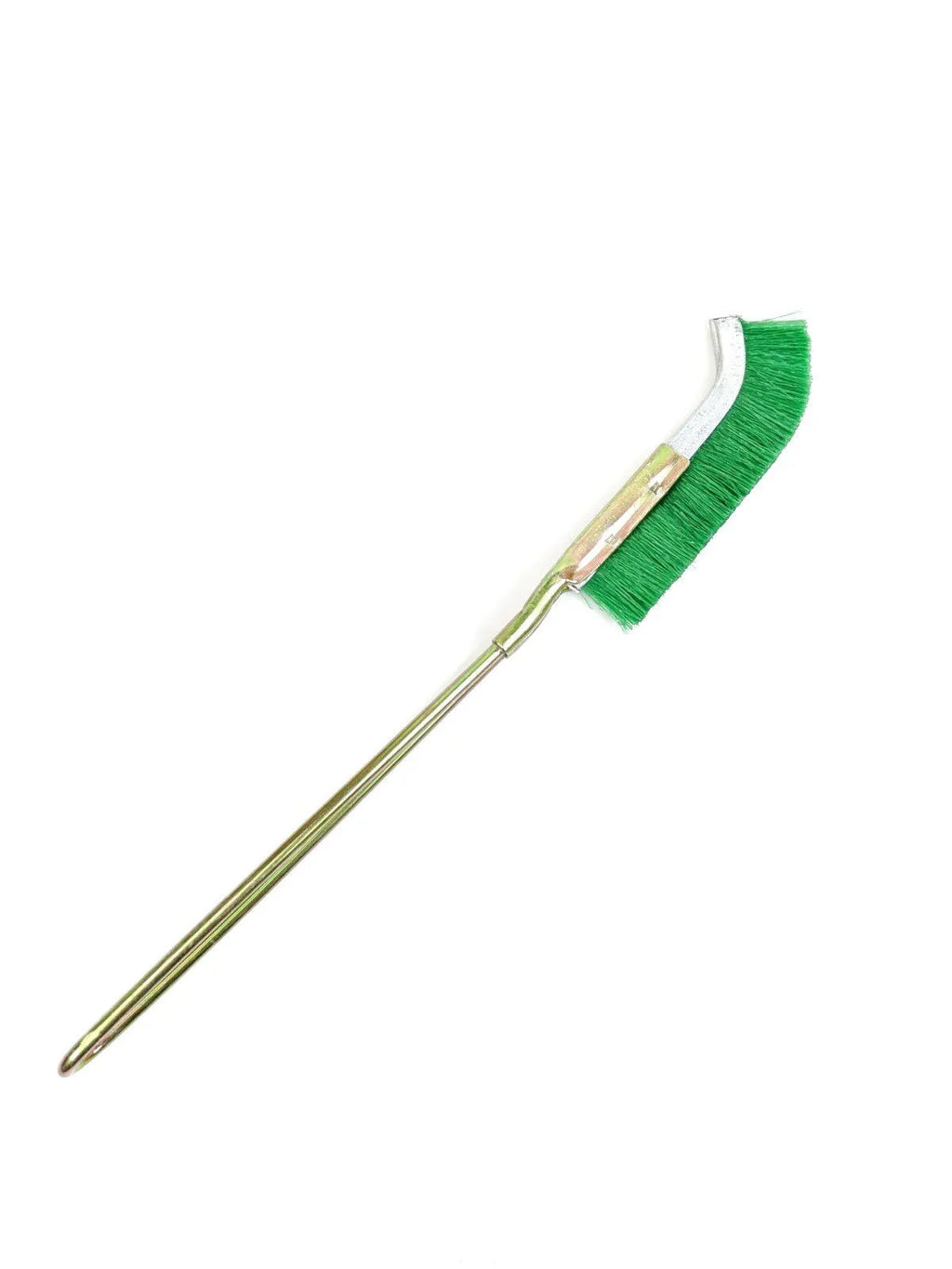 Green elbow rust removal brush with nylon wire head and metal handle for kitchen appliance cleaning