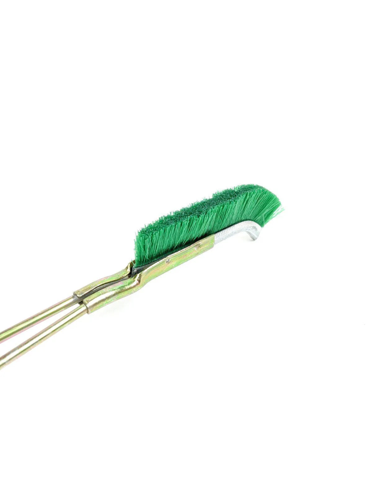 Green elbow rust removal brush with nylon wire head and metal handle for kitchen appliance cleaning