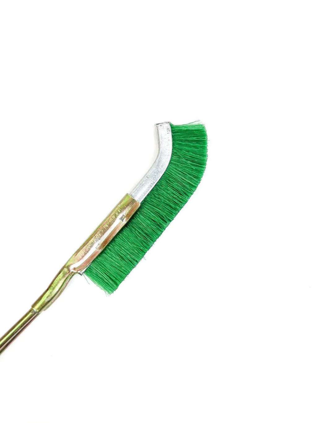 Green elbow rust removal brush with nylon wire head and metal handle for kitchen appliance cleaning
