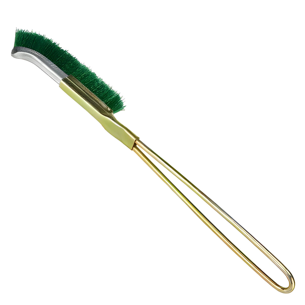Green elbow rust removal brush with nylon wire head and metal handle for kitchen appliance cleaning