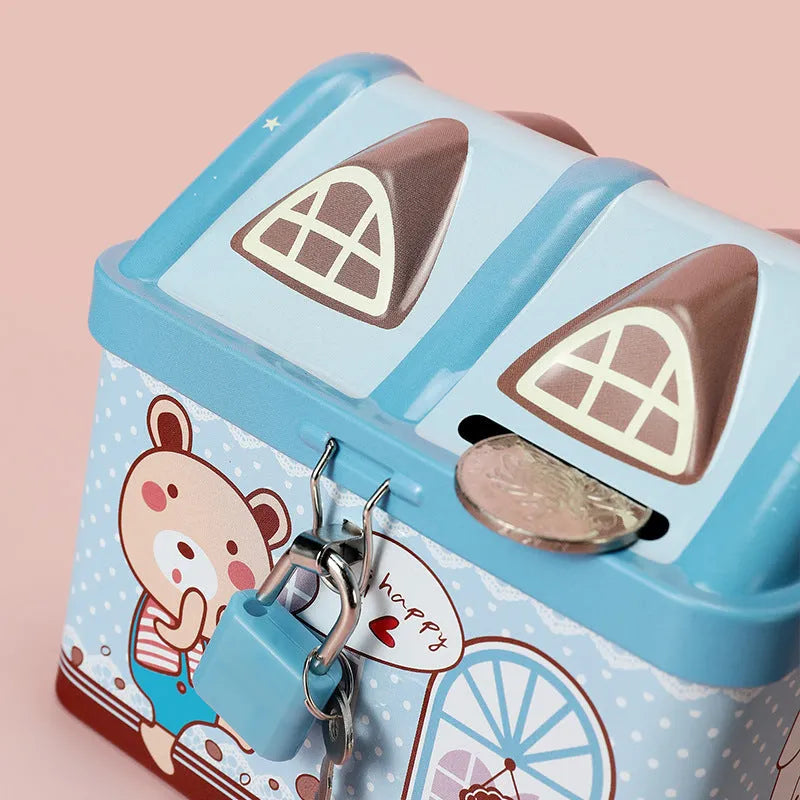 Blue house-shaped tinplate piggy bank with coin slot on lid for desktop coin storage