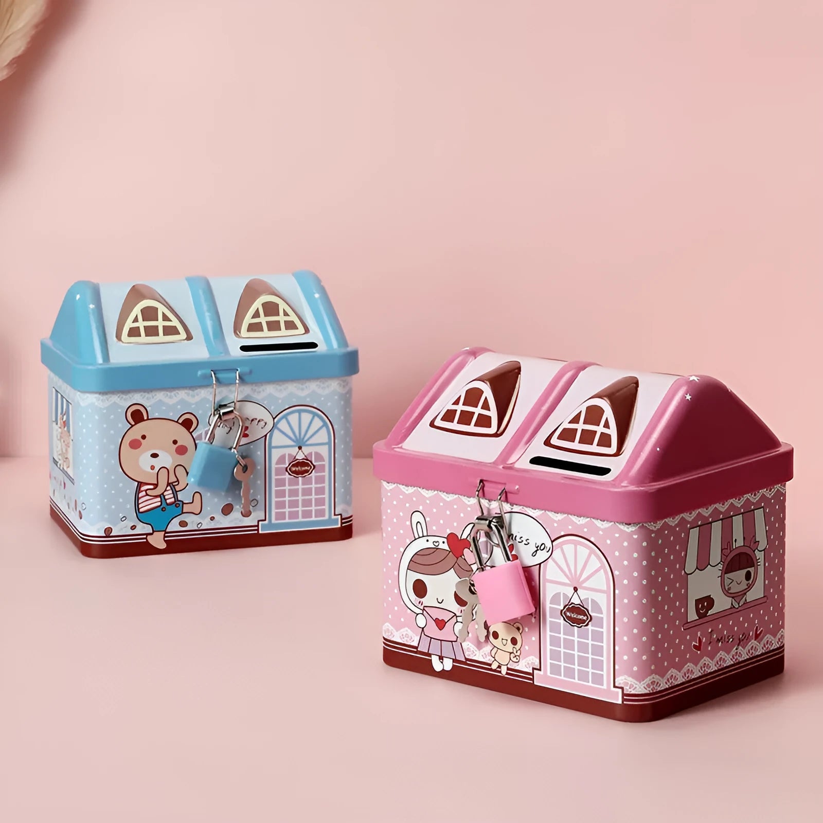 Blue house-shaped tinplate piggy bank with coin slot on lid for desktop coin storage