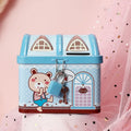 Blue house-shaped tinplate piggy bank with coin slot on lid for desktop coin storage