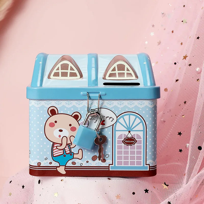 Blue house-shaped tinplate piggy bank with coin slot on lid for desktop coin storage