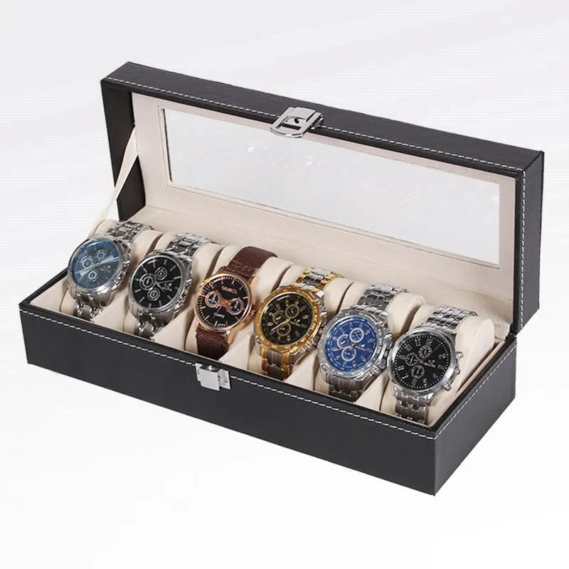 Black wooden watch storage box with six display windows for organised timepiece presentation