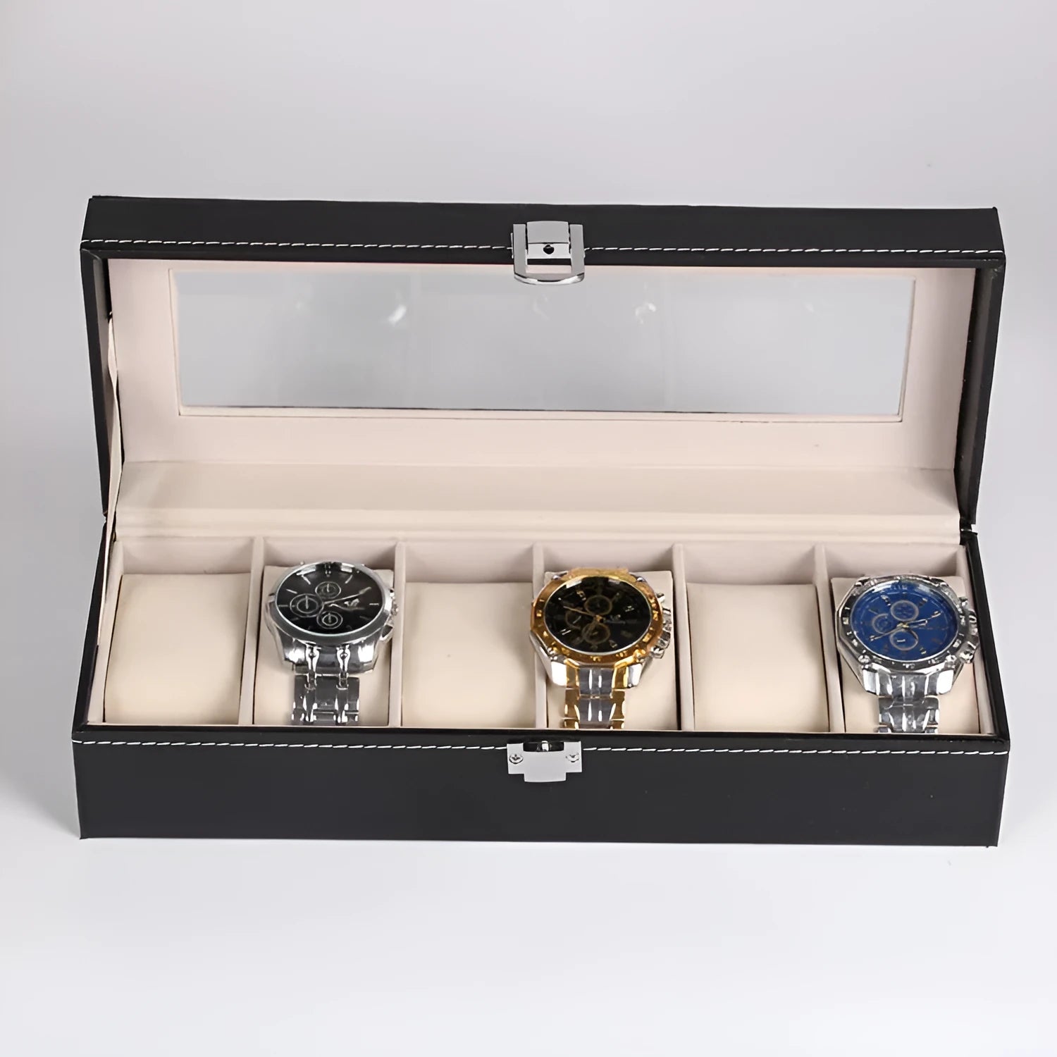 Black wooden watch storage box with six display windows for organised timepiece presentation