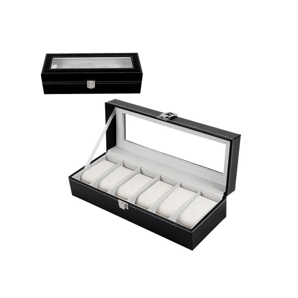 Black wooden watch storage box with six display windows for organised timepiece presentation