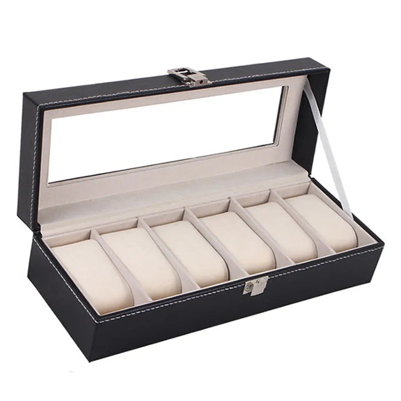 Black wooden watch storage box with six display windows for organised timepiece presentation