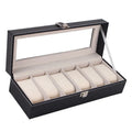 Black wooden watch storage box with six display windows for organised timepiece presentation