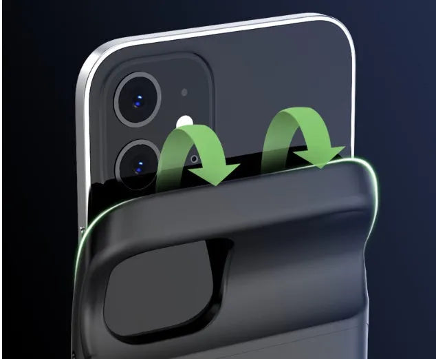 Black ultra-thin wireless back clip battery for iPhone 12, showing clip and soft TPU case.