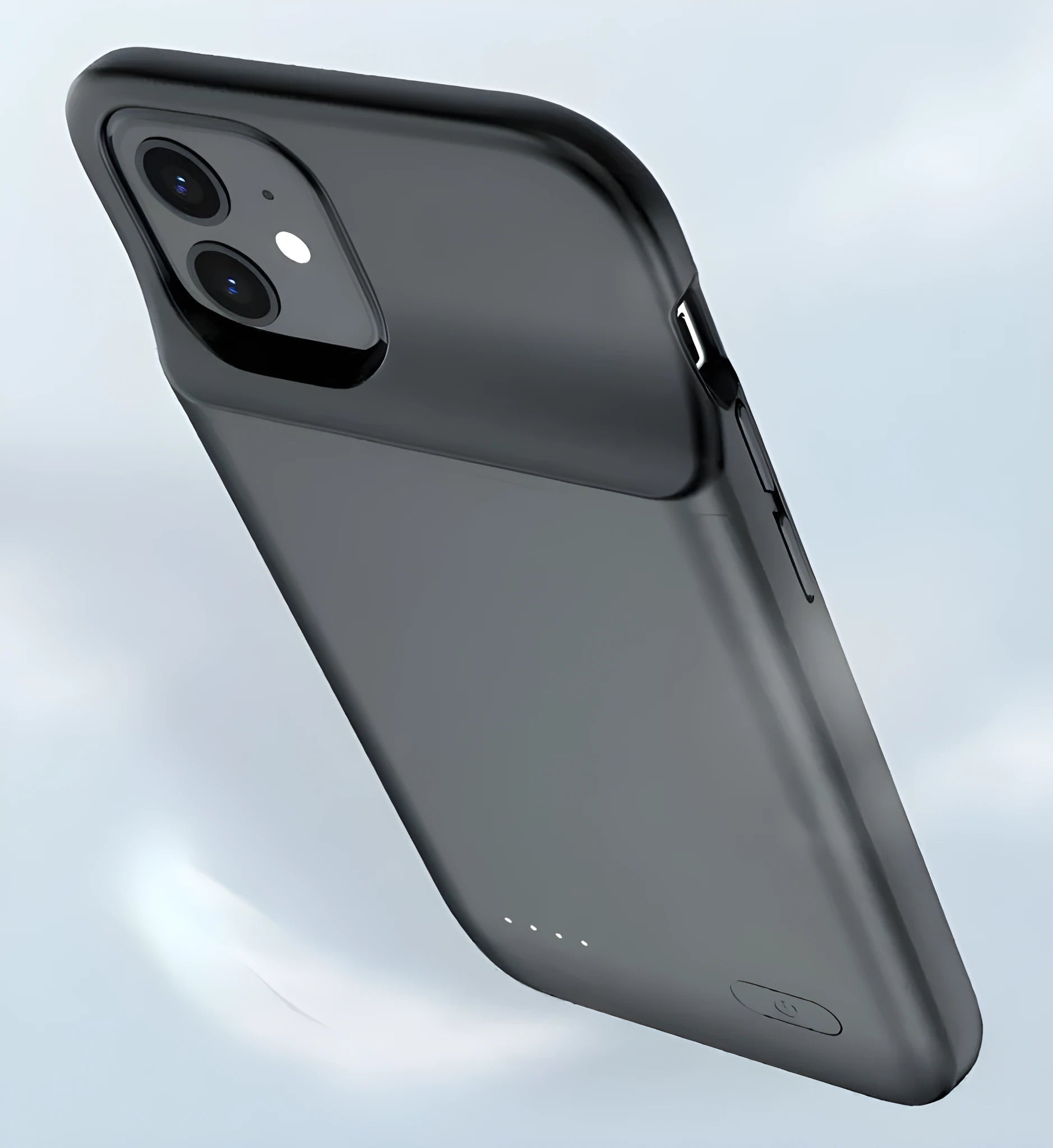 Black ultra-thin wireless back clip battery for iPhone 12, showing clip and soft TPU case.