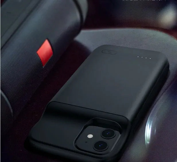 Black ultra-thin wireless back clip battery for iPhone 12, showing clip and soft TPU case.