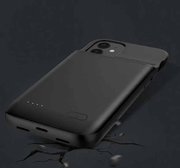 Black ultra-thin wireless back clip battery for iPhone 12, showing clip and soft TPU case.