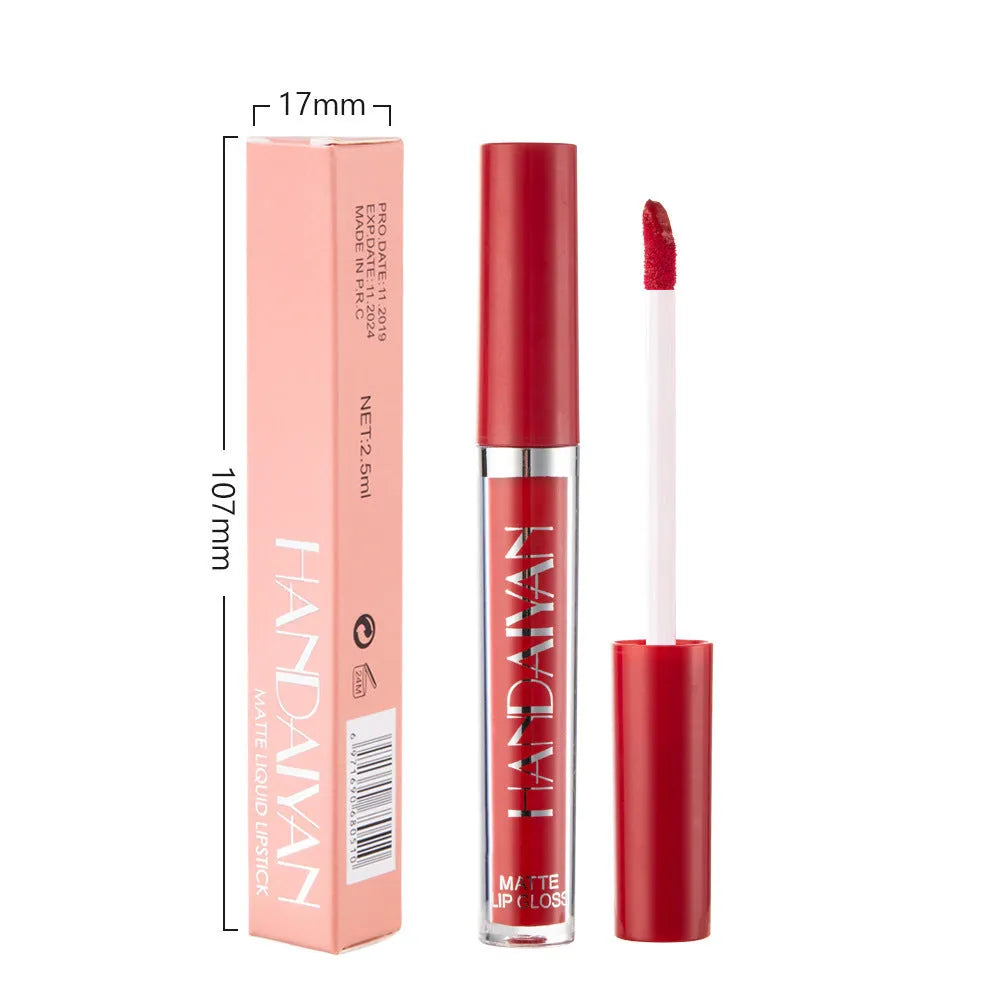 HANDAIYAN matte liquid lipstick tube showing non-stick cup, long-lasting formula, 2.5ml size.