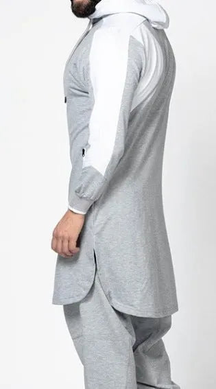 Men's colorblock robe-style zip pocket plus velvet hoodless sweatshirt in black, grey, green, or white