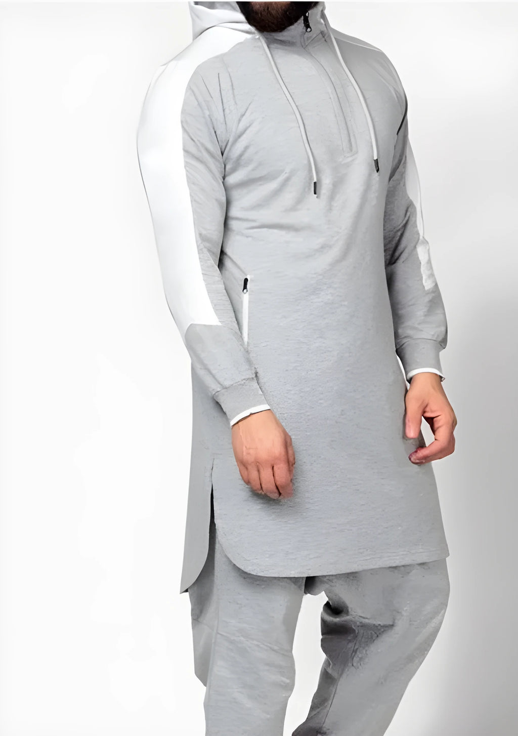 Men's colorblock robe-style zip pocket plus velvet hoodless sweatshirt in black, grey, green, or white