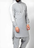 Men's colorblock robe-style zip pocket plus velvet hoodless sweatshirt in black, grey, green, or white